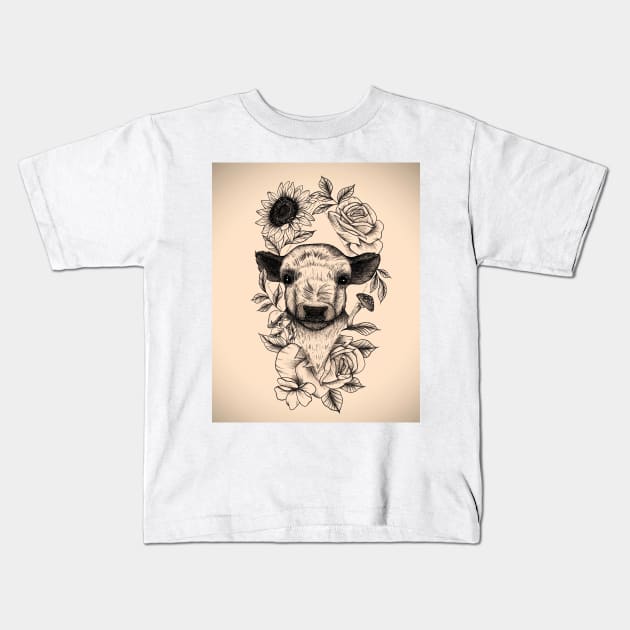 Floral Baby Cow Design Kids T-Shirt by AchillesHelios